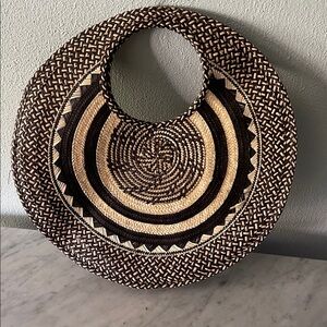 Authentic Handwoven Palm Bag with Top Handle Black and Tan Pattern